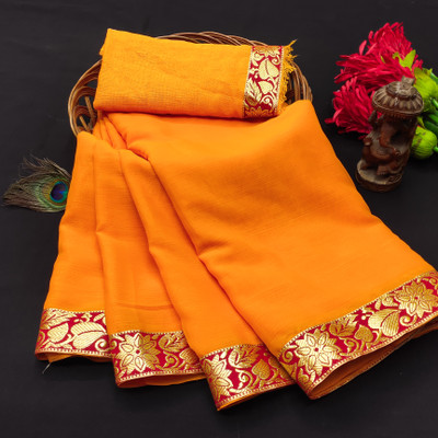maayro Solid/Plain Bollywood Chiffon Saree(Mustard)