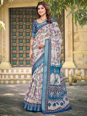 Anouk Rustic Digital Print Chinnalapattu Cotton Linen Saree(Cream)