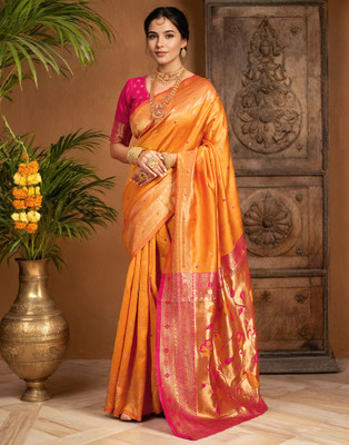 Mahastree Woven Paithani Silk Blend Saree(Orange)