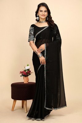K 5 FASHION Solid/Plain Bollywood Chiffon Saree(Black)