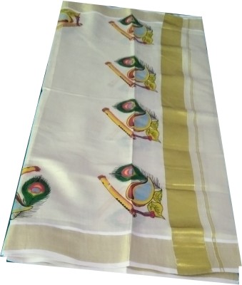 ODAKKUZHAL SETMUNDU Printed Handloom Handloom Pure Cotton Saree(White)