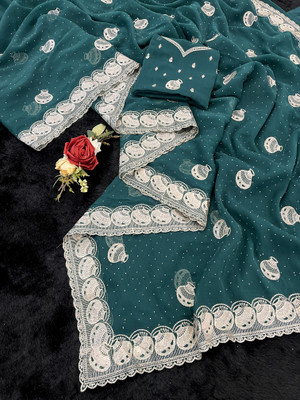 DkCartel Embroidered Bollywood Organza Saree(Dark Blue)