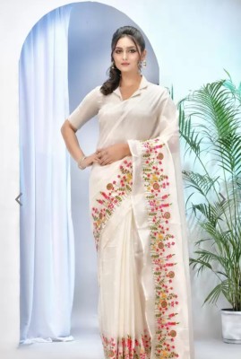 ZIMAL HANDLOOM Embroidered Chanderi Pure Cotton Saree(Cream)