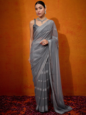 Divastri Embellished Bollywood Chiffon Saree(Grey)