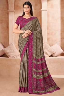 SainiVastra Floral Print Bollywood Crepe Saree(Grey)