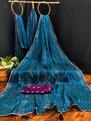 Ranagtrang Embellished, Striped Saree with Attached Blouse Chiffon Saree(Blue, Purple)