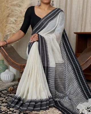 DHRITI Temple Border Handloom Pure Cotton Saree(White, Black)