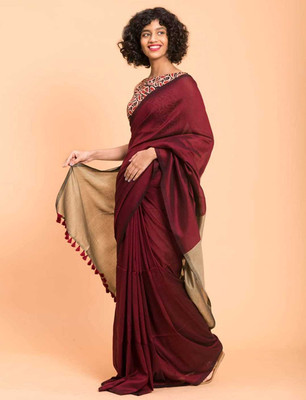 Binay textile Color Block Handloom Cotton Silk Saree(Maroon)