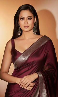 LYANNA Solid/Plain, Woven Banarasi Handloom Satin Saree(Maroon)