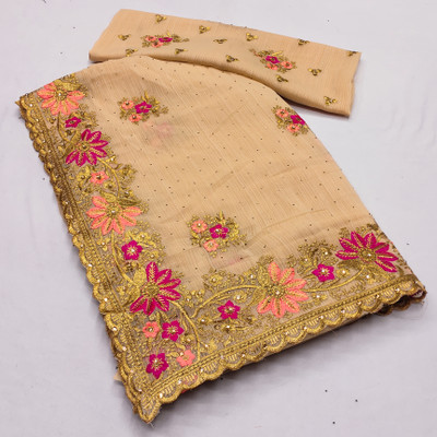 MIYANIFAB Embroidered Bollywood Georgette Saree(Beige)