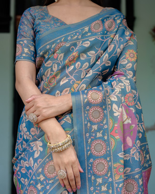 ALMAARI FASHION Dyed, Floral Print Handloom Cotton Linen Saree(Blue, Multicolor)