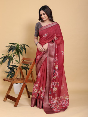 Prime Volt Floral Print, Printed Daily Wear Linen, Jacquard Saree(Red)