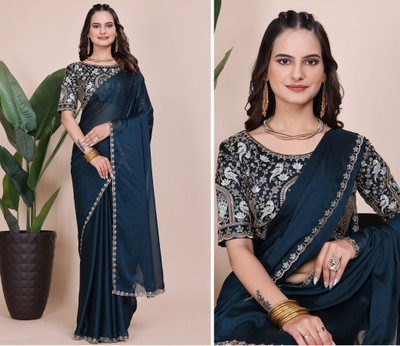 niesha fashion Embroidered Bollywood Chiffon Saree(Dark Blue)