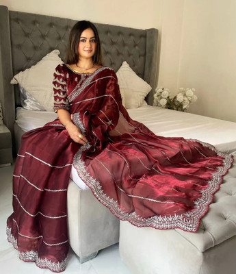 jakhicreation Embroidered Bollywood Net Saree(Maroon)