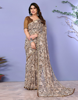 Samah Printed, Embellished Daily Wear Chiffon Saree(Brown)