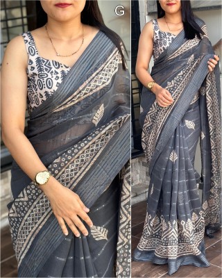 Dhanlaxmi CreationLLP Hand Painted, Striped, Woven Bollywood Muslin Saree(Grey)