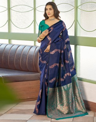 Samah Woven, Embellished, Self Design Banarasi Silk Blend, Jacquard Saree(Dark Blue, Dark Green, Gold)