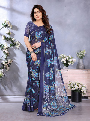 Moda Rapido Embellished, Floral Print Bollywood Georgette, Satin Saree(Dark Blue)
