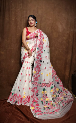 RIDDHIMAN FASHION Woven Jamdani Cotton Silk Saree(White, Maroon)