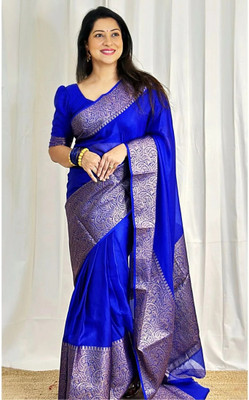 SATQ Woven, Floral Print, Embellished Kanjivaram Jacquard, Silk Blend Saree(Blue)