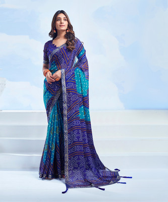 Samah Printed Bandhani Chiffon, Georgette Saree(Dark Blue)