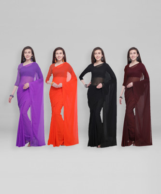 kashvi sarees Solid/Plain Daily Wear Chiffon Saree(Pack of 4, Multicolor)