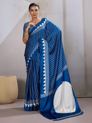Anouk Rustic Striped Leheria Satin Saree(Blue)