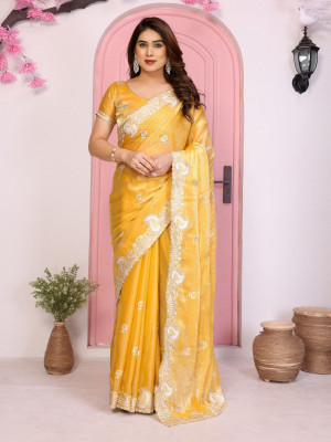 odette Embroidered Saree with Attached Blouse Chiffon Saree(Yellow)