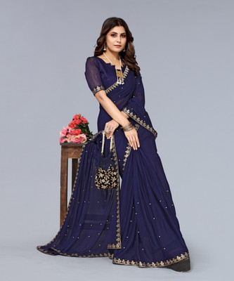 Priyashi Solid/Plain Daily Wear Chiffon Saree(Blue)