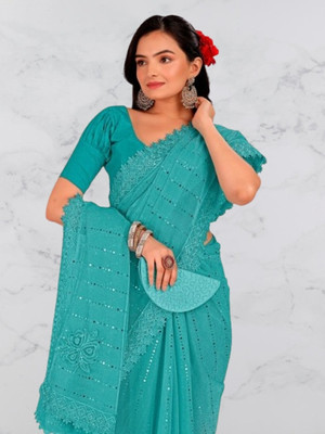 Vragi Embellished Bollywood Lycra Blend Saree(Blue)