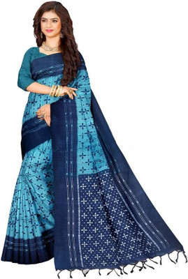 ma kali treaders Printed Sambalpuri Pure Cotton Saree(Light Green, Maroon)