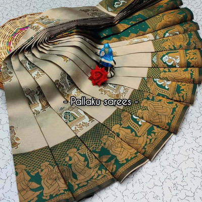 SICHYAH Woven Kanjivaram Silk Blend Saree(Beige, Green)