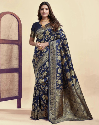 Parangi-A planet of style Woven Banarasi Cotton Silk Saree(Dark Blue)
