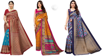 YASHIKA Printed, Woven Mysore Art Silk Saree(Pack of 3, Blue, Red, Yellow)