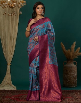 Samah Woven, Embellished Kanjivaram Silk Blend, Jacquard Saree(Gold, Blue, Purple)