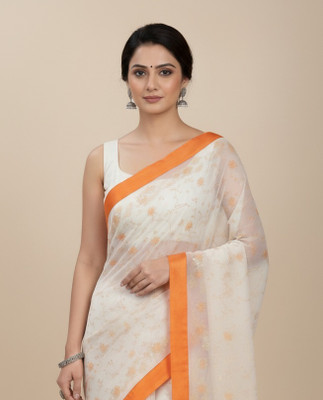 Anugrah Textile Printed Banarasi Lycra Blend, Chiffon Saree(White)