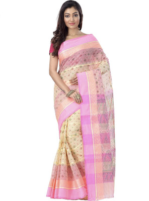 DipDiya Self Design Tant Cotton Blend Saree(Pink, Cream)