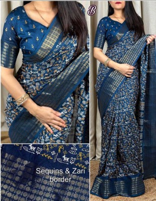 Ridham Printed Kalamkari Silk Blend Saree(Blue)