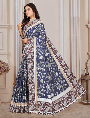 PRTRENDZ Printed Kanjivaram Pure Cotton, Cotton Linen Saree(Blue, Maroon)