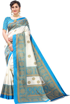 Moda Rapido Printed Mysore Art Silk Saree(White)