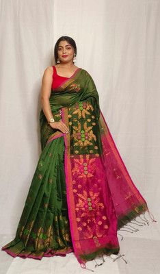 PRANATI ENTERPRISE Woven, Self Design, Floral Print Handloom Pure Cotton, Cotton Silk Saree(Dark Green)