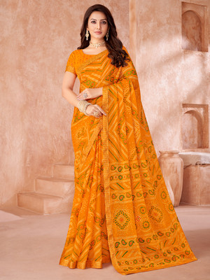 HouseOfCommon Printed Bandhani Chiffon Saree(Yellow)