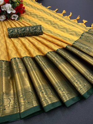 Juhi Collection Self Design Daily Wear Cotton Blend Saree(Yellow, Green)