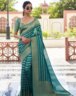 otfit feb private limited Striped, Woven Banarasi Silk Blend Saree(Light Blue)