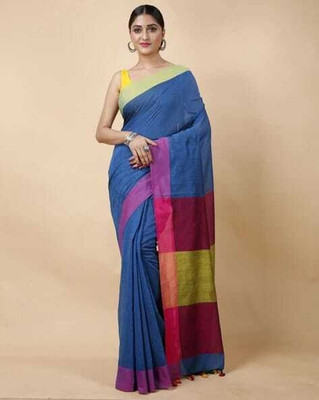 Raees Ethnic Solid/Plain Handloom Pure Cotton Saree(Light Blue)