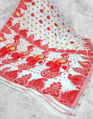Kanokanjoli Printed Jamdani Handloom Cotton Blend Saree(Multicolor)