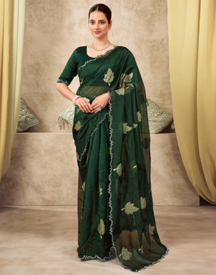 Satrani Woven, Embellished Bollywood Silk Blend Saree(Green, Gold)
