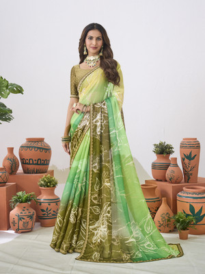 Laxmipati sarees Printed Saree with Attached Blouse Silk Blend Saree(Green)
