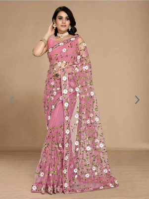 Verviza Embroidered Bollywood Net Saree(Pink)