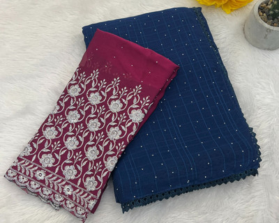 Ethina Fashion Embroidered, Self Design Bollywood Chiffon Saree(Dark Blue, Maroon)